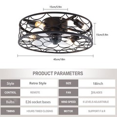 18.5″ Flush Mount Ceiling Fan with Light Pendant Lamp With Remote Control 60W
