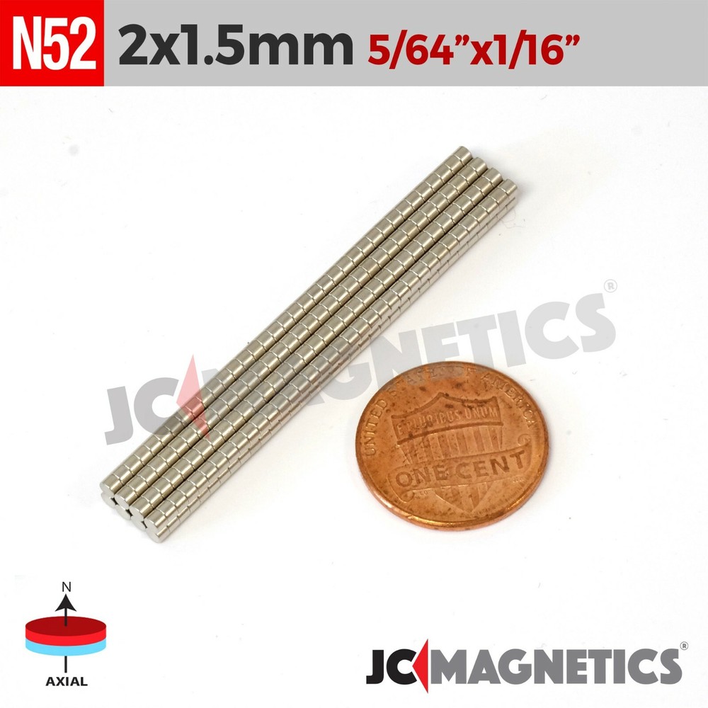 2mm x 1.5mm 5/64″x1/16″ N52 Strong Rare Earth Neodymium Small Magnet Disc 2x1mm