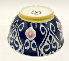 Anthropologie Footed Cereal Rice Bowl Ikat Design Blue White Yellow Pink 6.25 in