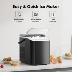 Portable Ice Maker – 9 Cubes in 6 Mins, 26.5lbs/24Hrs, Scoop & Basket, Home Bar