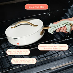 Beautiful 5.5 Quart Ceramic Non-Stick Sauté Pan with Strainer Lid, White Icing