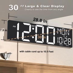 30″ Large Digital Wall Mount Clock with Remote Control, Alarm, Auto DST