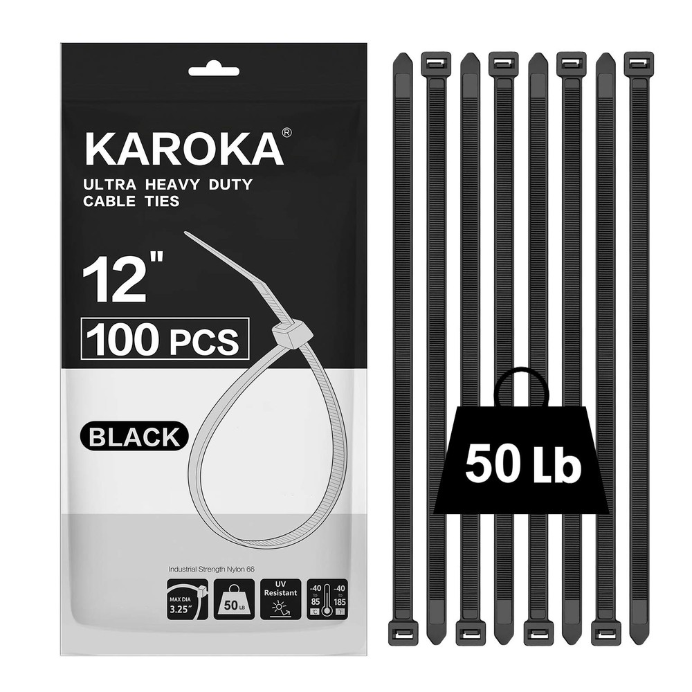 Zip Ties 12 inch (100 Pack), Black, 50 lb, UV Resistant 12″ Black