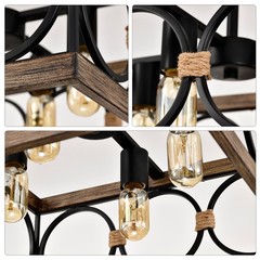 4-Light Square Kitchen Island Light Farmhouse Wood Black Metal Ceiling Fixture