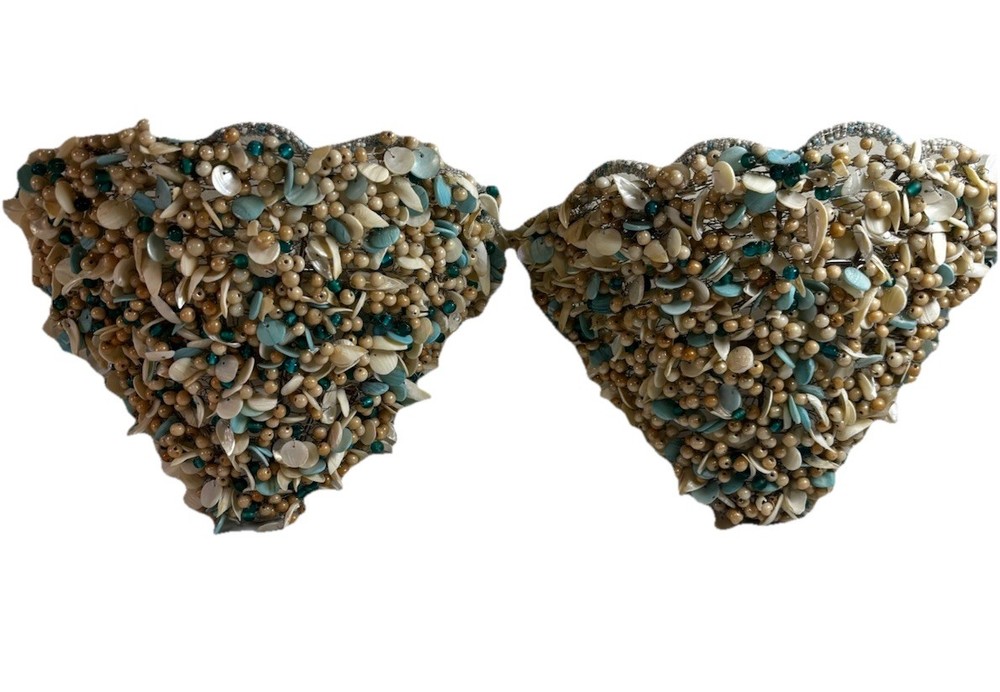 Beaded & Shells Wall Sconces 9”H 11”W Pair Votives Blue/Silver/Tan Beach Ocean