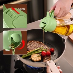 2-in-1 Oil Dispenser & Sprayer 16oz Glass Bottle Food-grade For Kitchen & BBQ