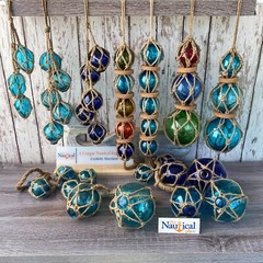 Glass Fishing Floats On Jute Rope – Red, Blue, Aqua, Green – Nautical Wall Decor