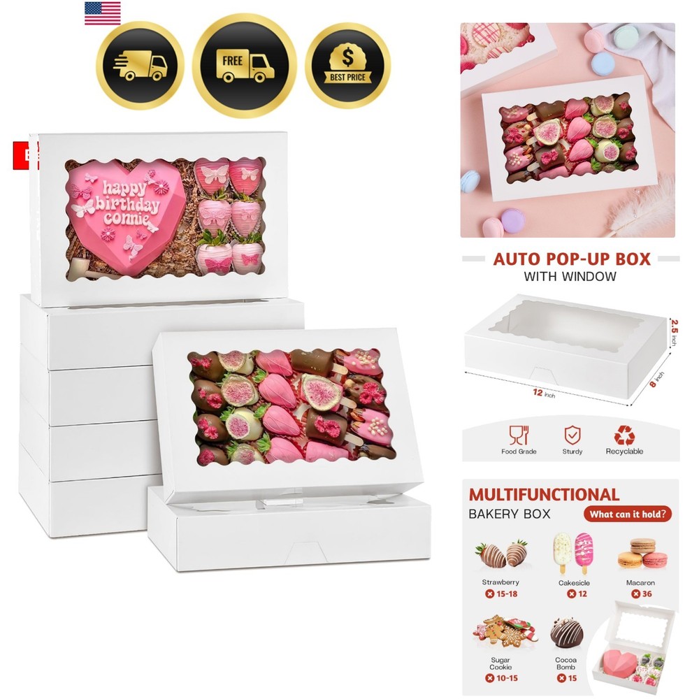 30 Pack Auto Pop-up Cookie Boxes with Window, 12″ x 8″ x 2.5″ White Bakery Bo…