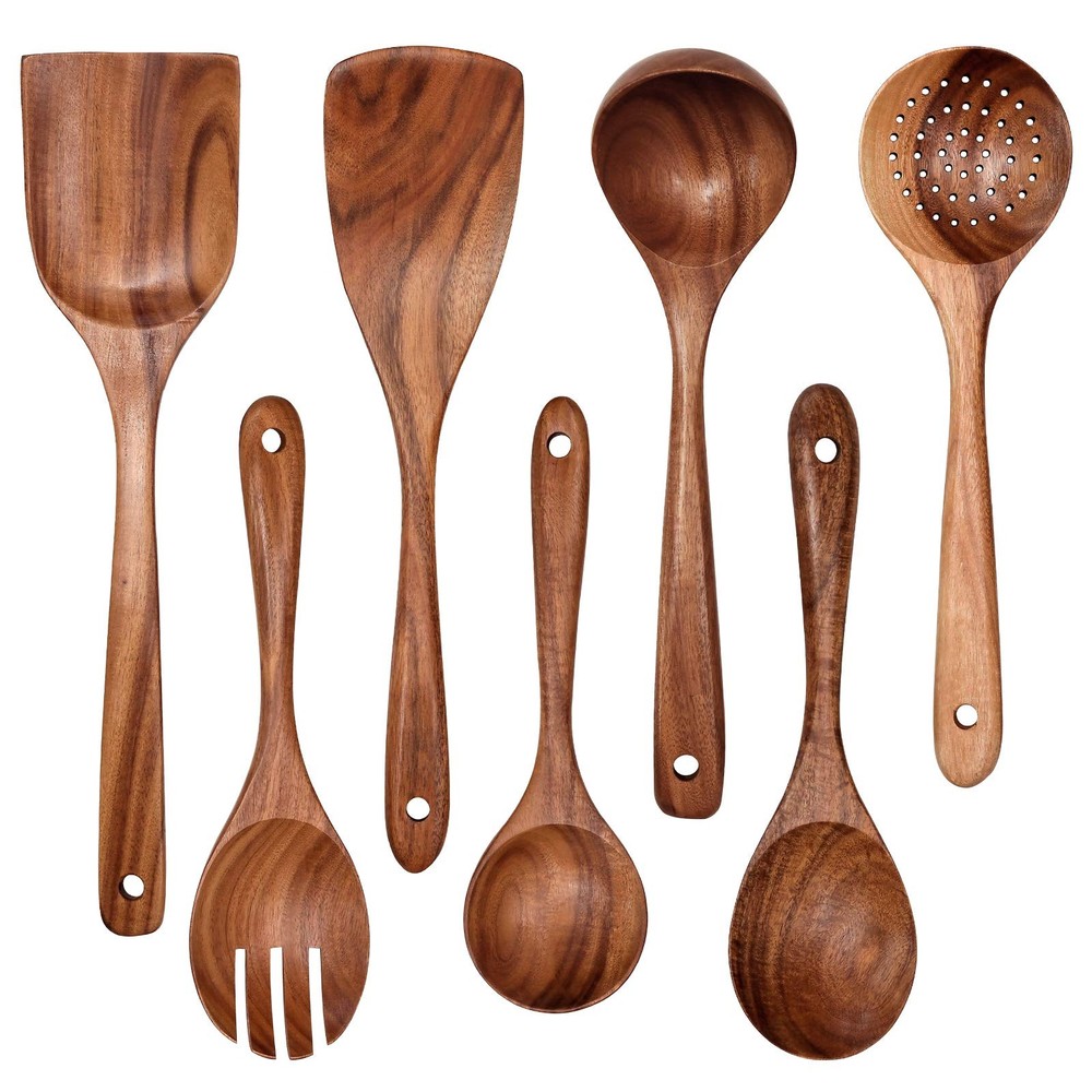 Wooden Non-Stick Kitchen Pan Toolset 7 Pieces Set, 100 Natural Teak Utensils