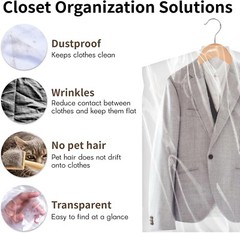 10/20/30 Pack Garment Bags for Hanging Clothes, Clear Plastic Dry Cleaning Bags