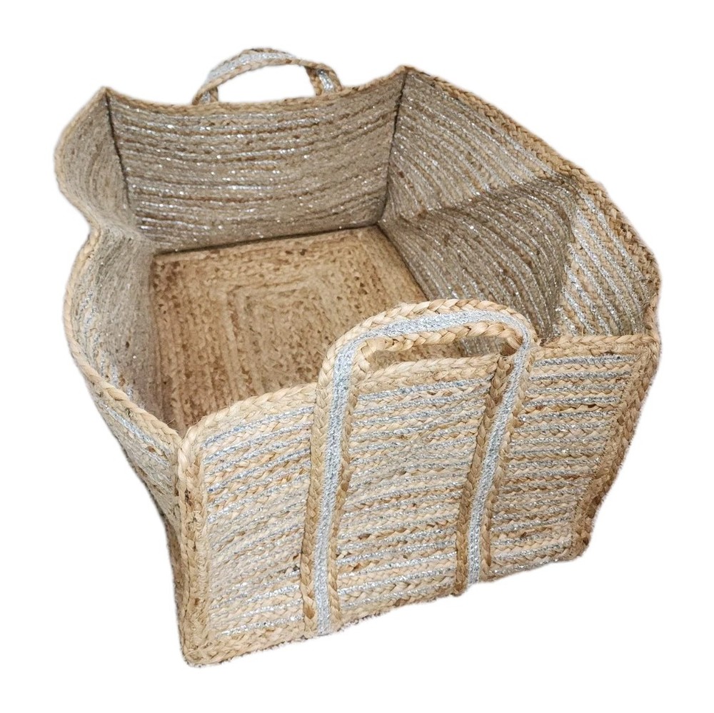 Tan With Silver Stripes Large Woven Blanket Basket for Storage, 23″×16″×11.5″