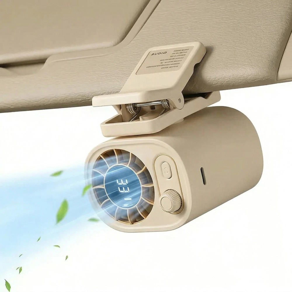 Car Clip on Fan with LED Display – 360° Rotation, 100 Speeds Adjustable（Beige）