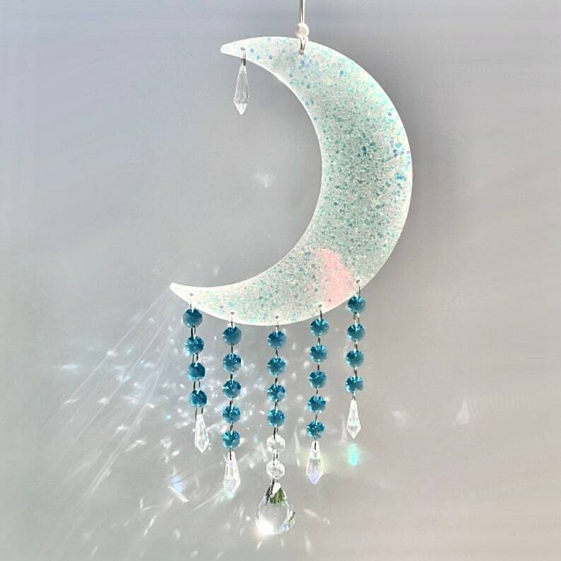 Crystal Moon Dream Catcher, Suncatcher, Hanging Moon Decor, Moon Phases, Opal