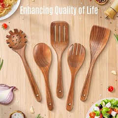 5-Piece Teak Wooden Kitchen Utensil Set Natural Non-Stick Cooking Spoon Spatulas