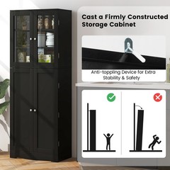63.5″ Tall Kitchen Pantry Storage Cabinet w/ Glass Door Storage Shelves Black