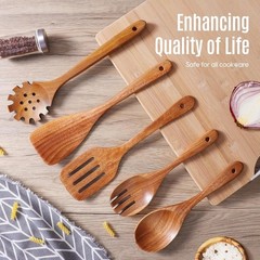 5-Piece Teak Wooden Kitchen Utensil Set Natural Non-Stick Cooking Spoon Spatulas