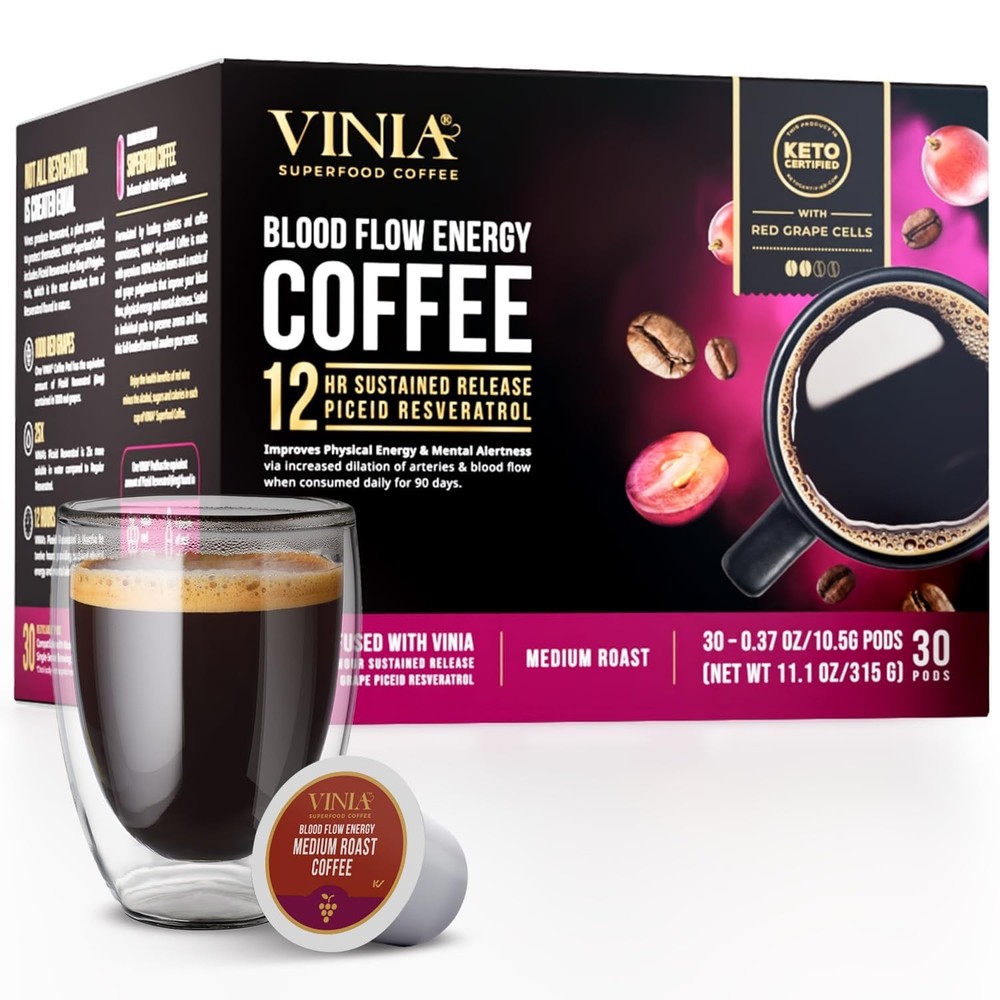 Dark Roast Coffee K-Cup Pods Resveratrol Nitric Oxide Heart Health Energy 30ct