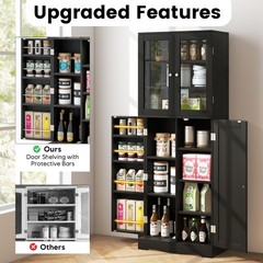 63.5″ Tall Kitchen Pantry Storage Cabinet w/ Glass Door Storage Shelves Black