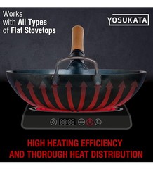 YOSUKATA 13.5” Blue Carbon Steel Wok Pan – Pre-Seasoned Flat Bottom Wok Compatib