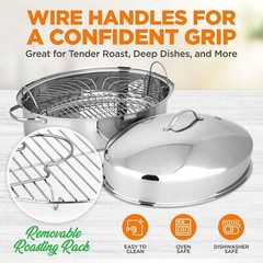 Nutrichef Oval Roasting Pan w/ Polished Rack, Wide Handle & Stainless Steel Lid,