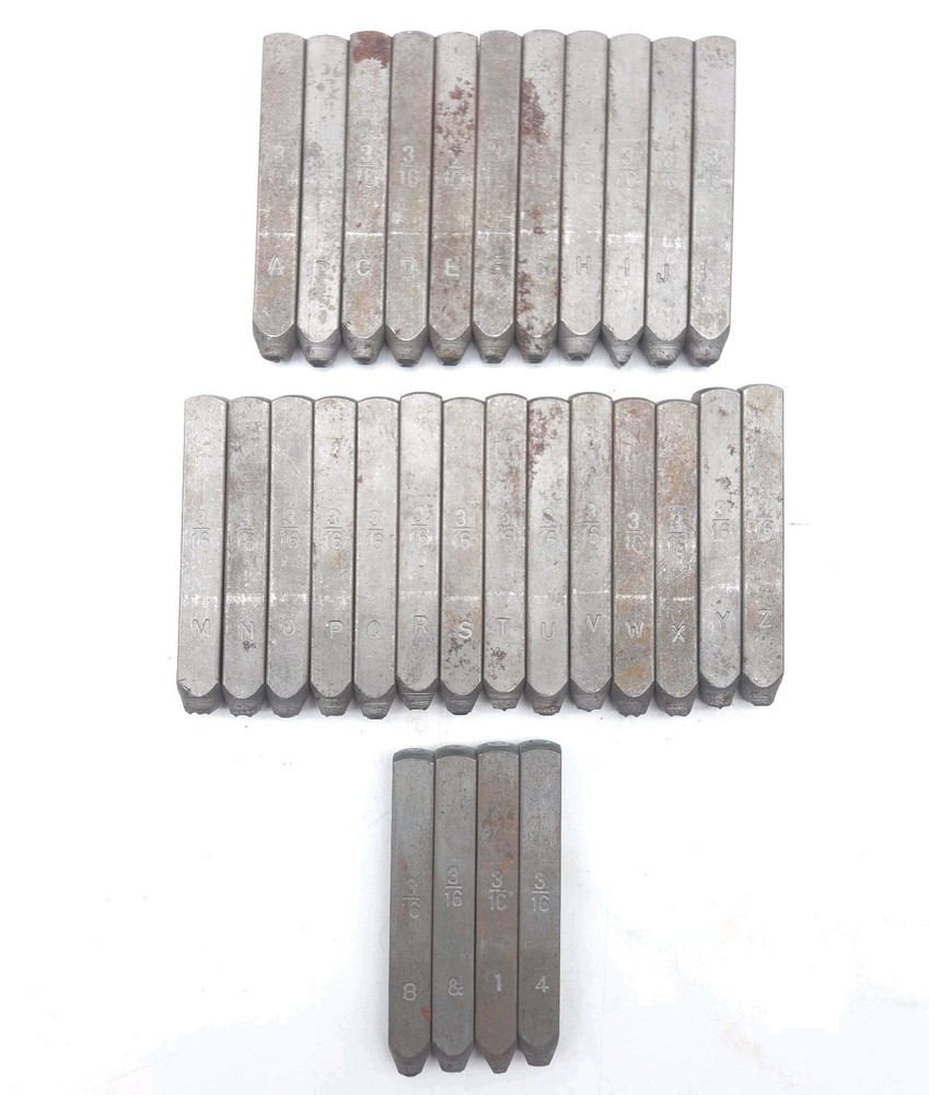 Lot 29 Carbon Steel Metal Letter Number Stamps 3/16″ A-Z Missing L & 1 4 8 Tools