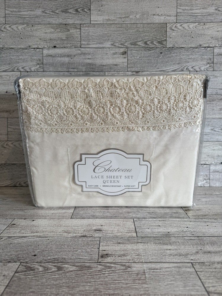 Chateau 4 Piece Lace Queen Sheet Set Ivory Easy Care Wrinkle Resistant Polyester