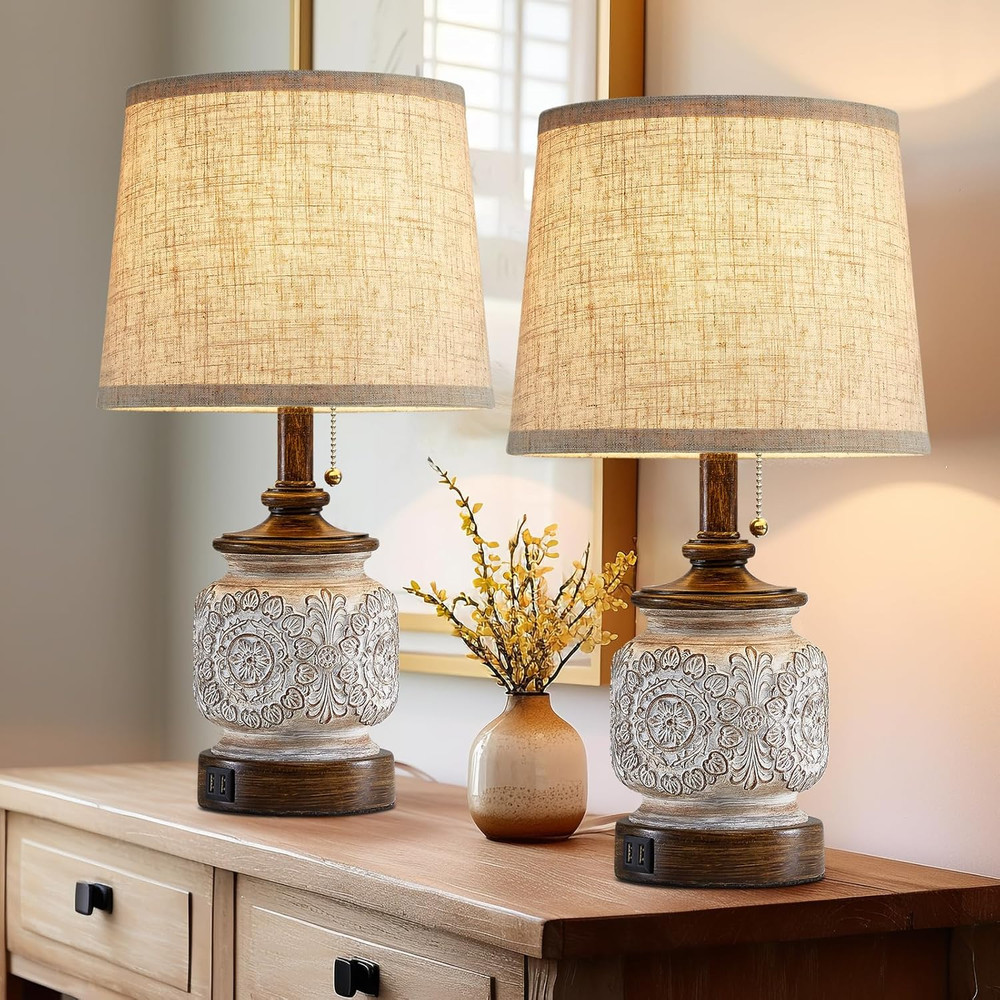 19.5″ Farmhouse Table Lamps Set of 2 w/ USB Ports Rustic Nightstand Bedroom