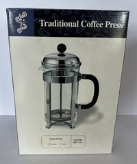 Service Ideas Traditional Coffee Press Chrome 1.5 L Pyrex Glass 9.75” Tall New