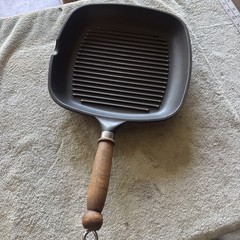 Vintage Roch Guss 11 Inch Flat Grill Fry Pan Wood Handle Made In Italy