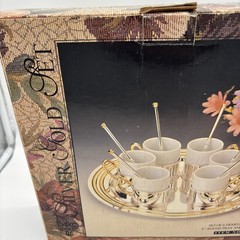 Vintage Davco Silver Gold Espresso Cups Demitasse w/11″ Round Tray And Spoons