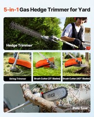 VEVOR 5-in-1 Gas Hedge Trimmer 2 Cycle 63cc Gas Powered Handheld Hedge Trimmer