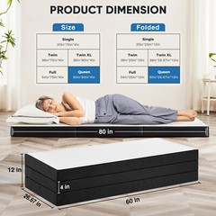 4″ Tri-fold Memory Foam Mattress, Foldable Portable Floor Bed,Washable Cover
