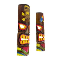 Set of 2 Tiki Wall Masks Hand Carved Wood 19.75 in Parrot Skull Decor
