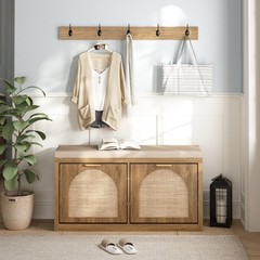 Gracie Oaks Anteus Shoe Bench With Coat Rack – Wood & Rattan