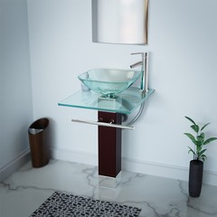 Rectangle Glass/Wood Bathroom Pedestal Sink with Chrome Faucet, Drain, Towel Bar