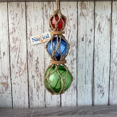 Glass Fishing Floats On Jute Rope – Red, Blue, Aqua, Green – Nautical Wall Decor