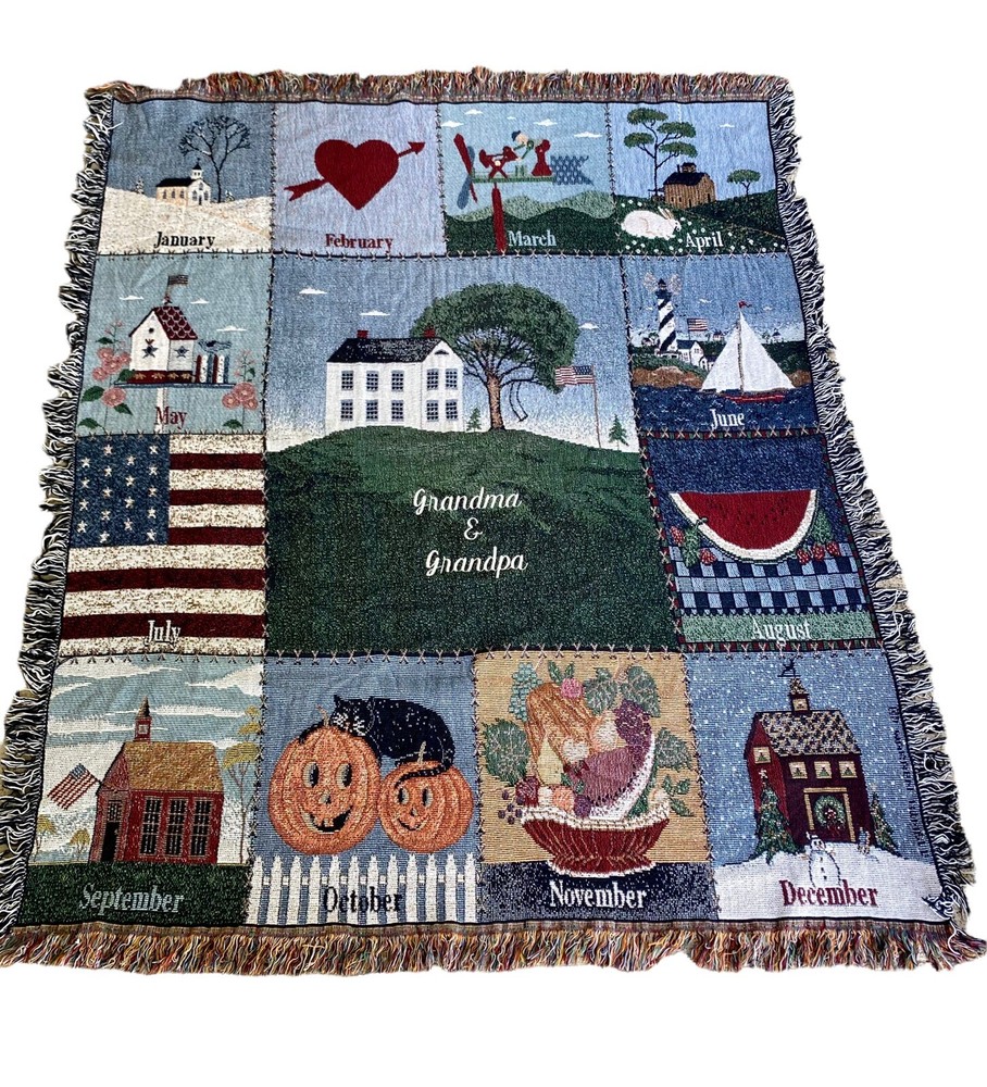 Calendar Tapestry Throw Blanket Grandma and Grandpa 12 Months Seasons Fringe