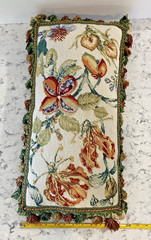 Vintage Handmade Wool Needlepoint Pillow Flowers Tassel Fringe Velvet 21″ x 11″