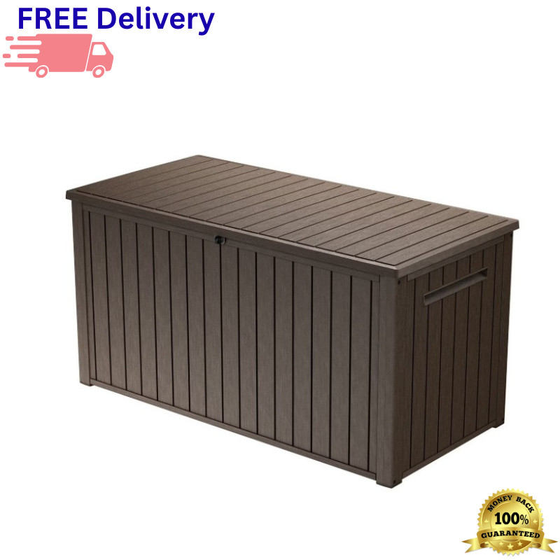 Keter 170 Gallon Resin Deck Box Large Outdoor Storage Bench Waterproof Wood Look