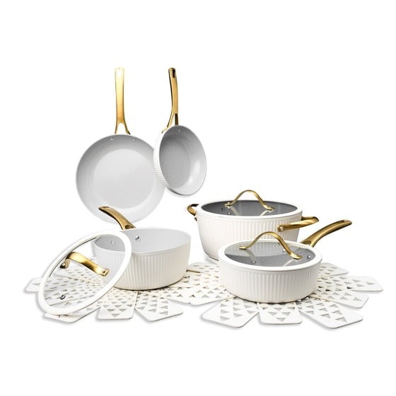Thyme & Table 12-Piece Ceramic Non-Stick Signature Cookware Set – White & Gold