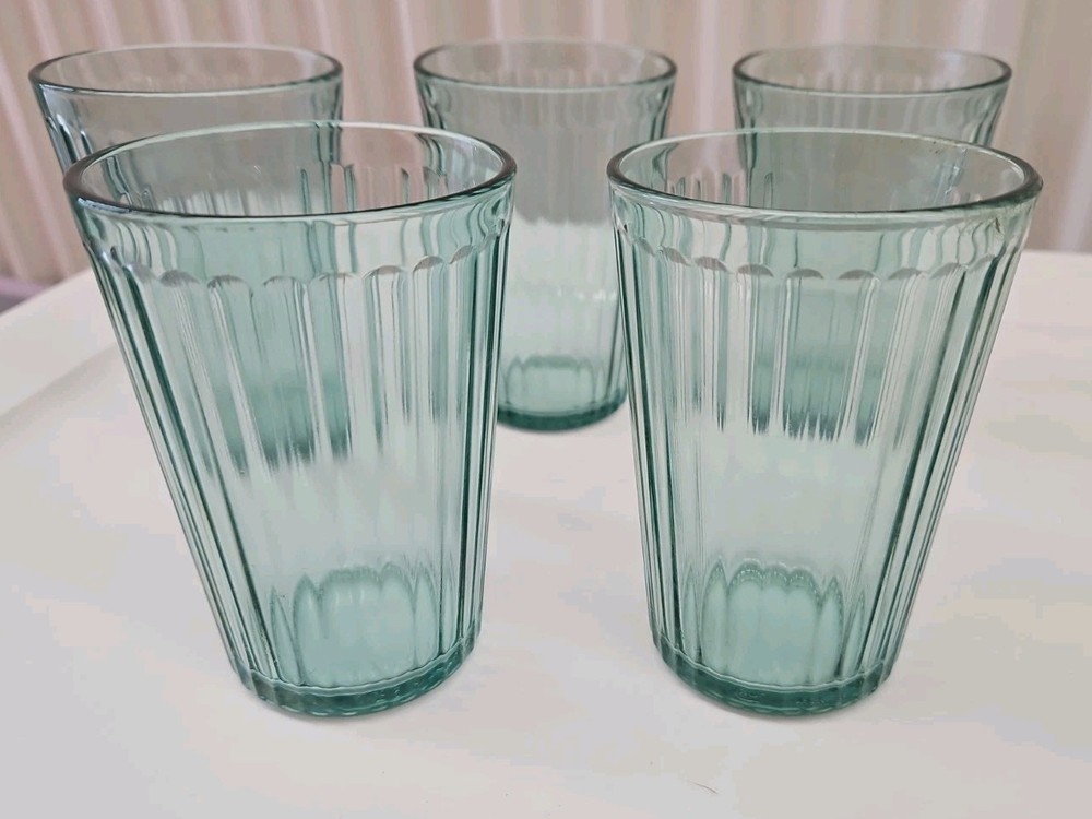 Set of 9 IKEA Green Ribbed Drinking Glasses Tumblers KALLNA Made in FRANCE ~ Exc