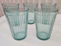 Set of 9 IKEA Green Ribbed Drinking Glasses Tumblers KALLNA Made in FRANCE ~ Exc