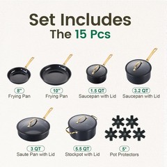 Chef Power Ceramic Cookware Sets, 15Pcs Pots and Pans Set Non Stick, Cookware Se