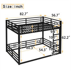 Metal Bunk Bed,Full XL over Full XL Floor Bunk Bed Frame for Kids Teens Adults