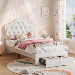 Twin Size Upholstered Bed Frame w/ Storage Drawer & LED Headboard for Kids/Girls