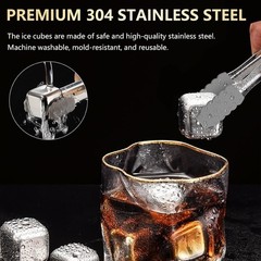 304 Stainless Steel 8Pcs Ice Cubes-Reusable Whiskey Stones, Tong, Storage Box