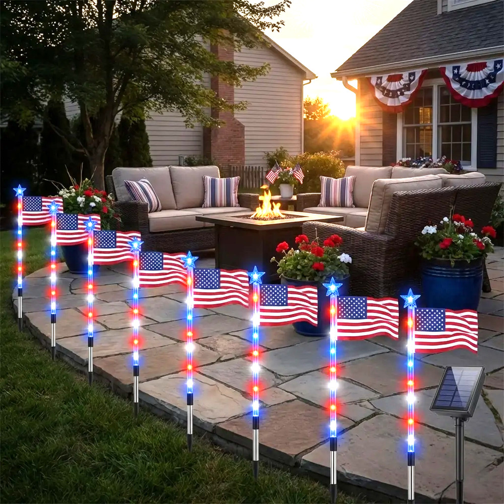 8Pcs Solar American LED Flag Stake Lights Set for 4th of July Garden Yard Decor