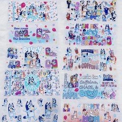 Bluey UV DTF Cup Wraps for 16 oz Glass Cups, 8 Sheets Transfers Variety