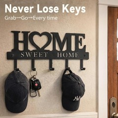 Entryway Wall Key Holder 5 Hooks Metal Key Rack Sweet Home Black 9.8in
