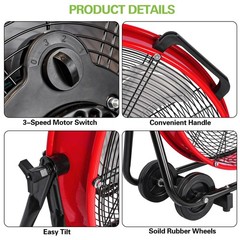hykolity 24IN 8100 CFM High Velocity Industrial Drum Fan, 3-Speed Heavy Duty Red